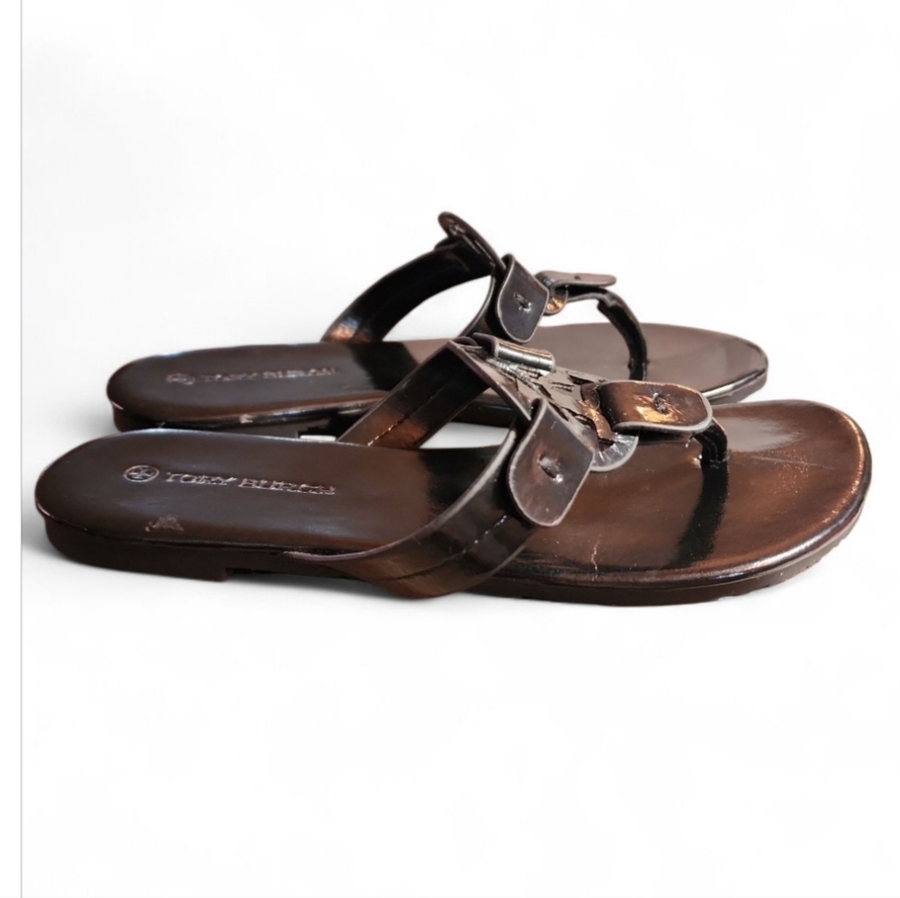 Tory Burch Miller Sandals Black Patent Leather 7.5 Designer Luxury Resort Y2K - Picture 4 of 8